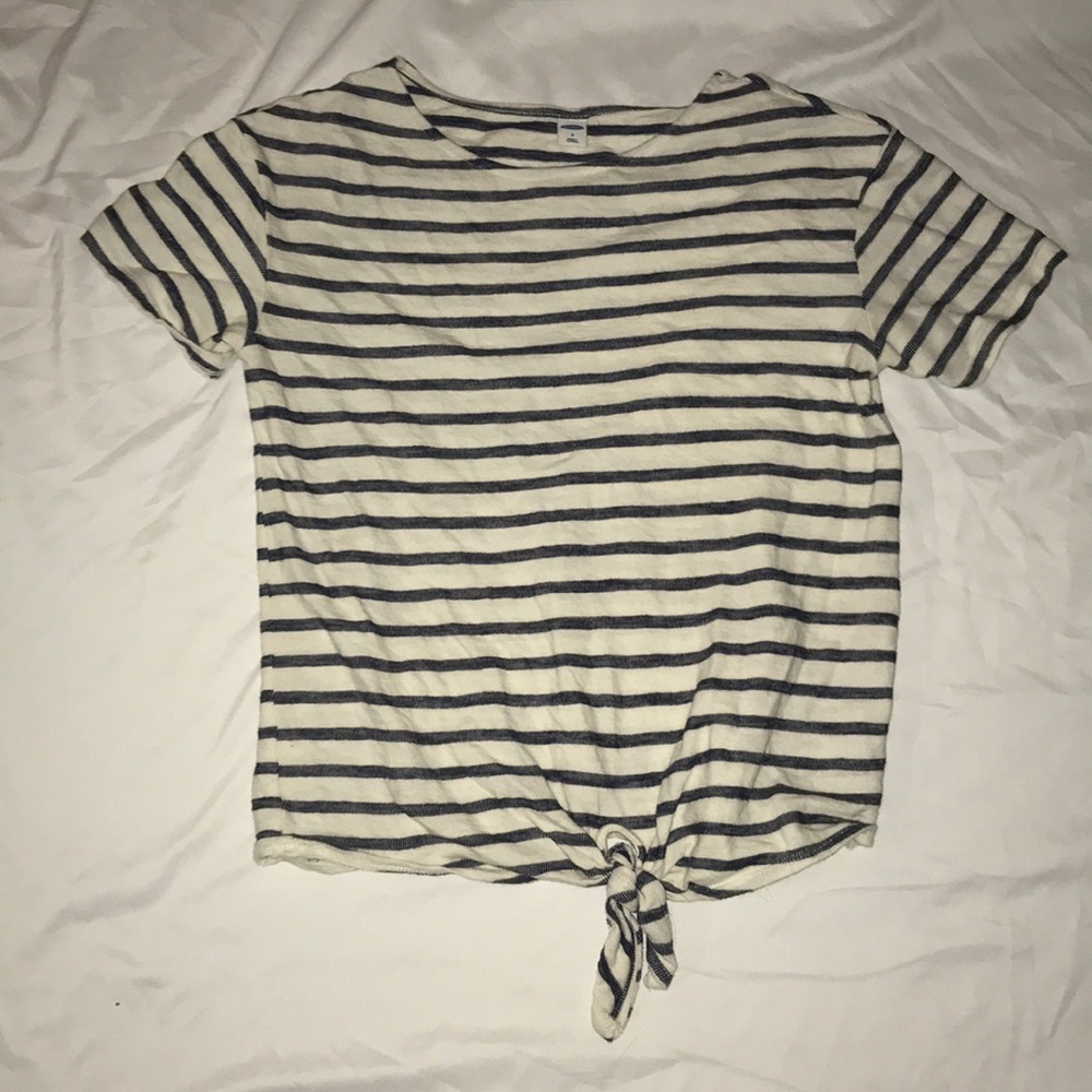 Front Tie Blue and White Striped Shirt